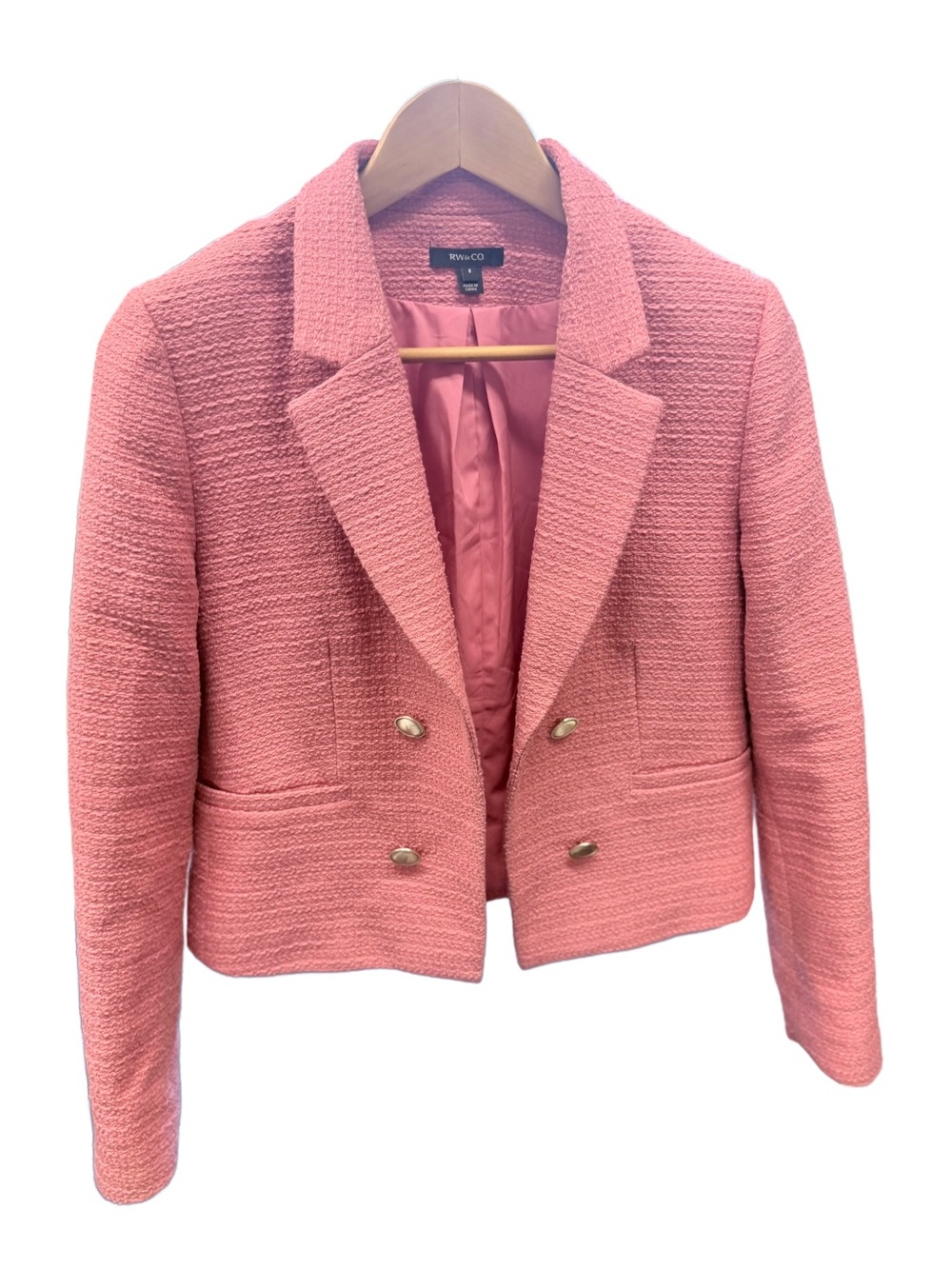 RW&CO Pink Tweed Boucle Cropped Blazer Jacket Silver Buttons Ladies Jacket Sz 8